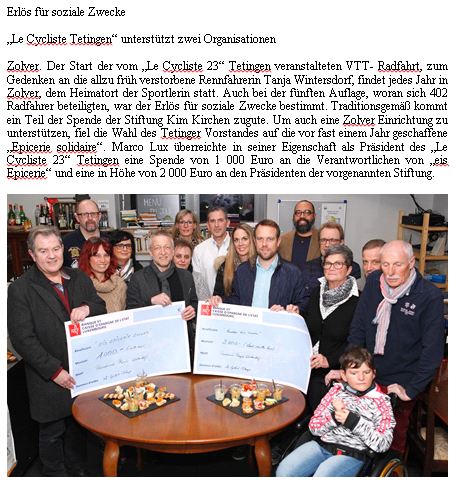 Artikel Wort 11.03.2016 „Le Cycliste Tetingen“ unterstützt zwei Organisationen I